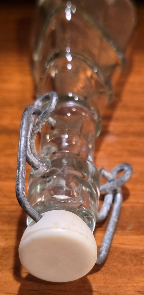 Vintage unusual glass, triangular bottle w/bail & stopper closure