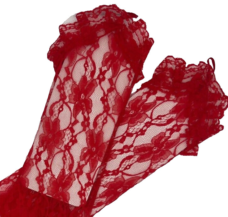 Long Red Lace Gloves Ruffles without Fingers