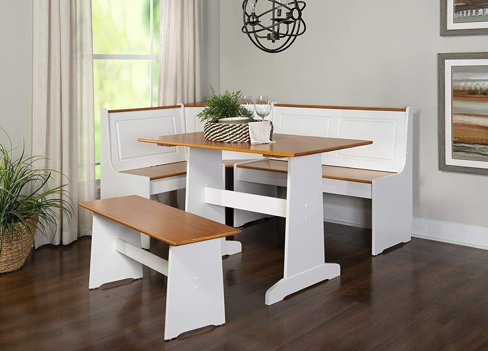 3 pc White Wood Top Breakfast Nook Dining Set Corner Booth Bench Kitchen Table