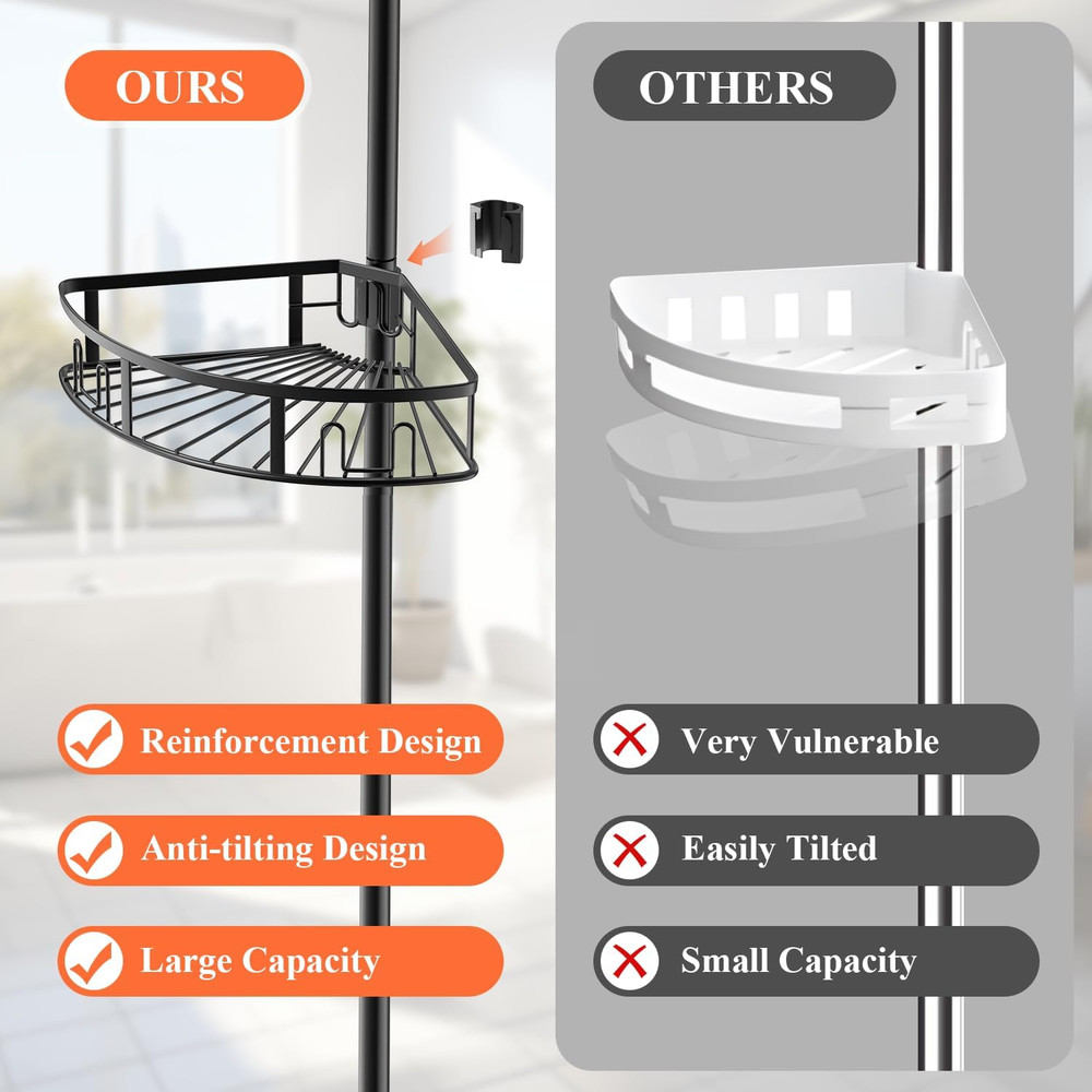 Rustproof 4-Tier Corner Shower Caddy with Adjustable Tension Pole - Black