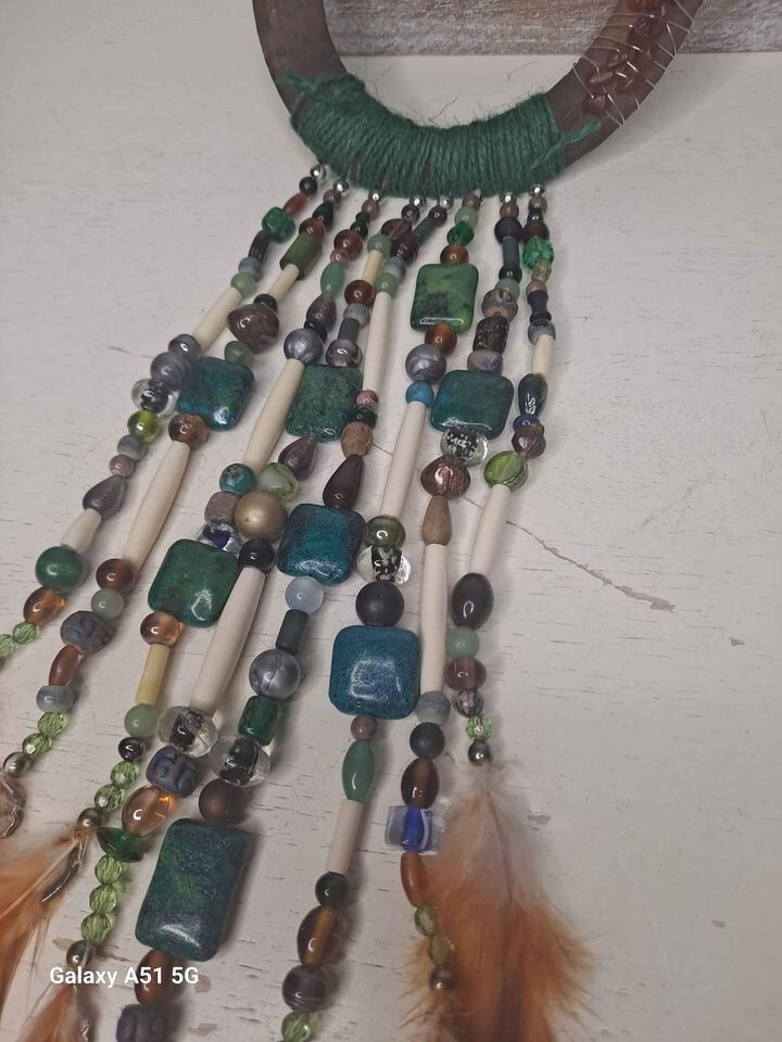 Rustic Horseshoe Bead Feather Wall Hanging Country Cowboy Decor