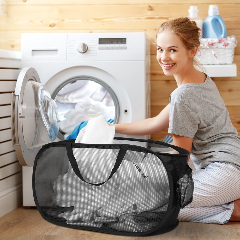 2 Pcs Durable Collapsible Laundry Baskets - Reinforced Mesh Pop Up Laundry Ha...