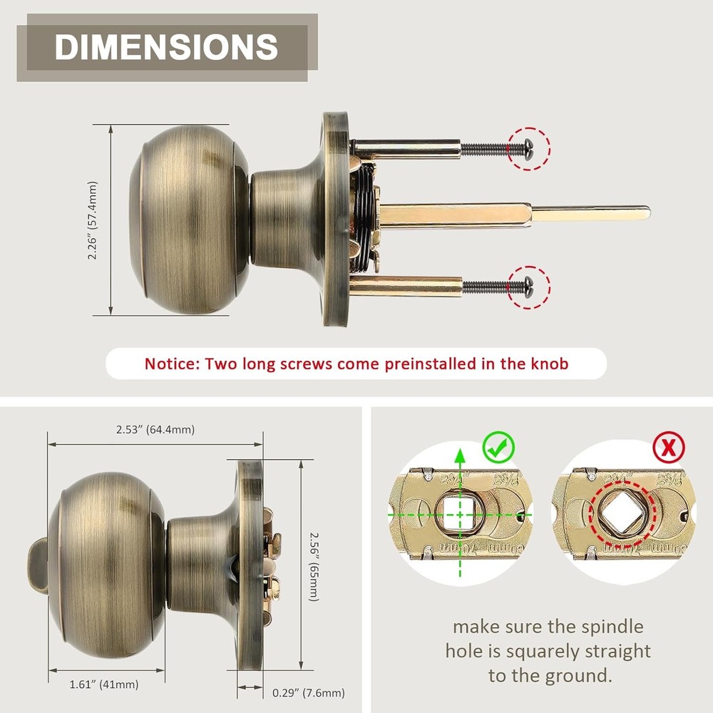 Probrico Privacy Door Knobs Lock Interior Bedroom 1 Pack, Antique Brass