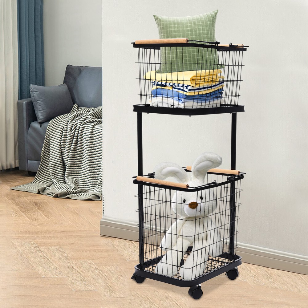 Black Metal Laundry Basket With Wheels 2-tier Laundry Basket Rectangular Iron