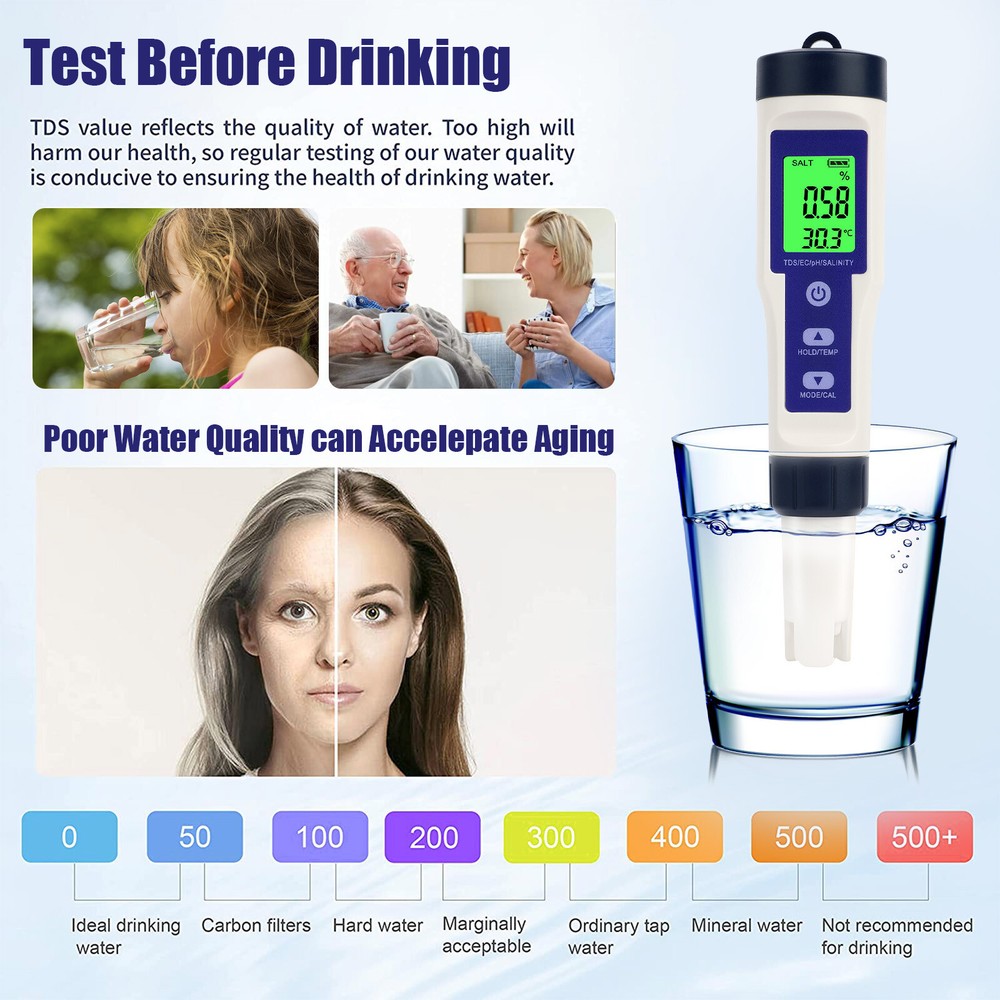 5in1 LCD Digital PH/TDS/EC/Salinity/Temperature Water Quality Meter Tester Tool