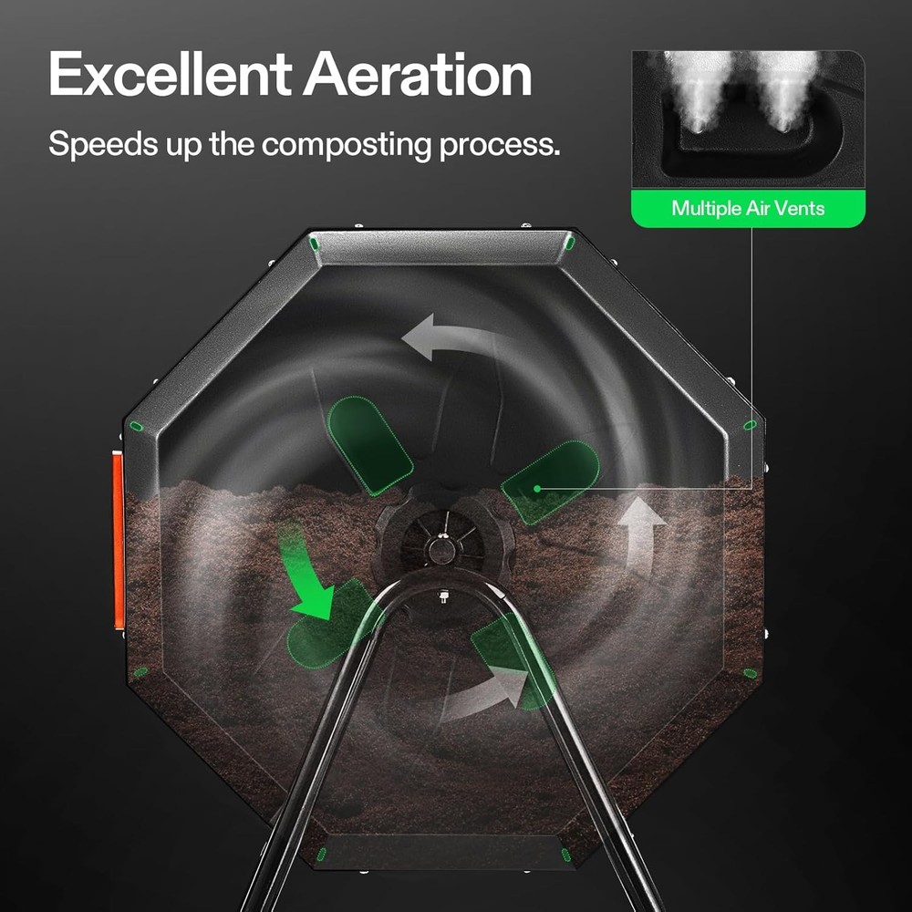 43 Gallon Outdoor Tumbling Composter Octagonal Dual Rotating Batch Compost Bin