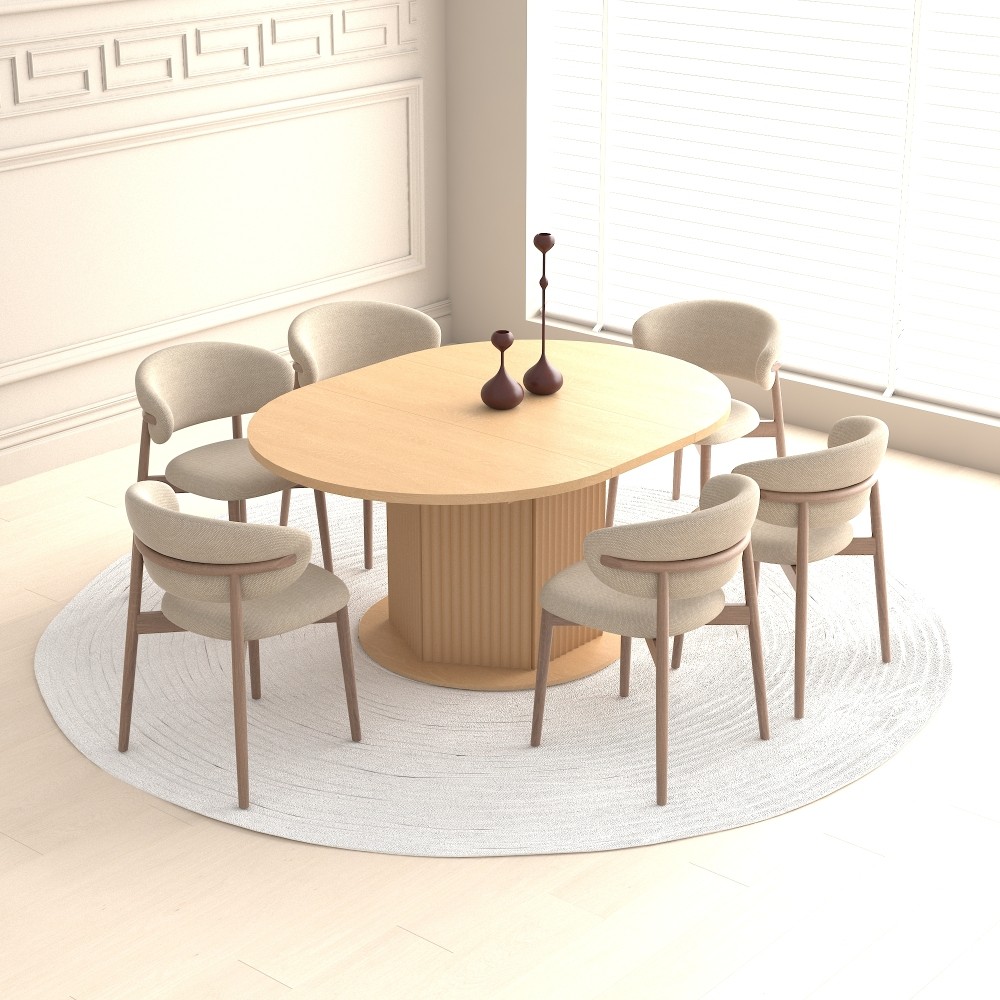 Round Extendable Dining Table for 6 MDF Wooden Kitchen Table with Hexagonal