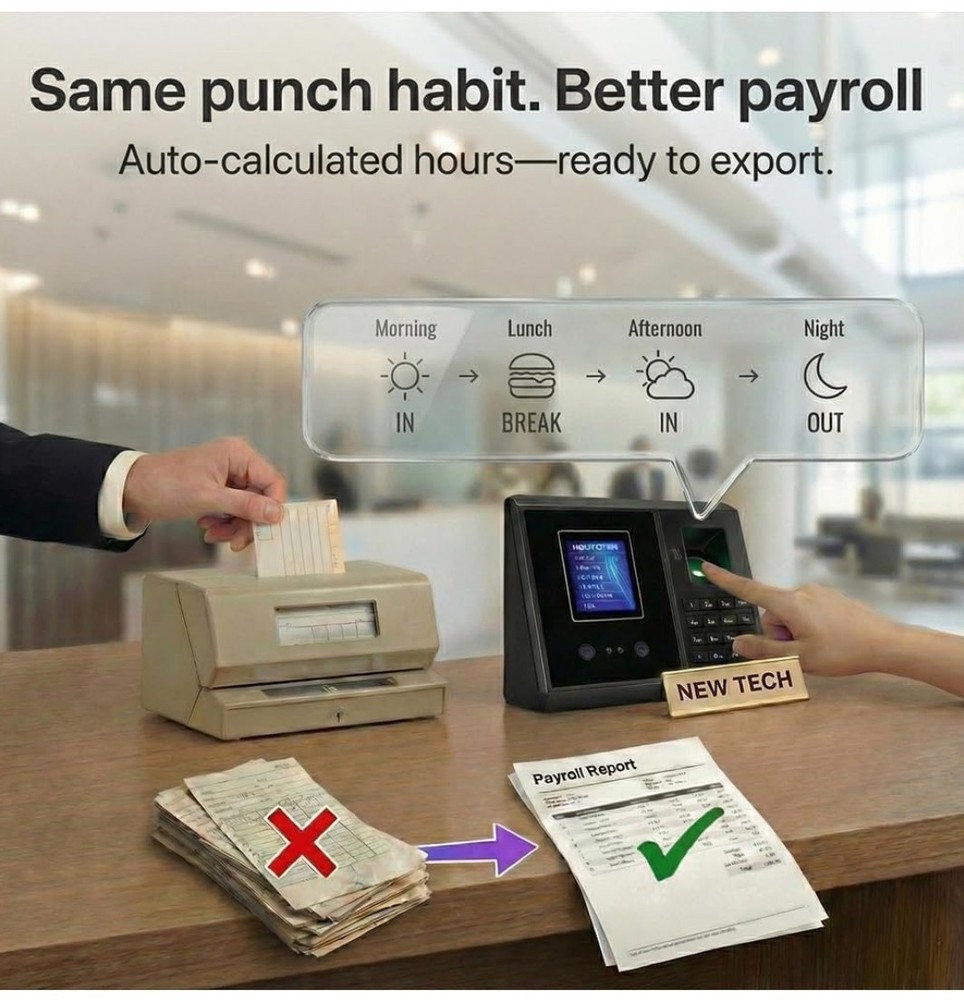 App-Based Time Clock, 5s Setup, Auto Break, Lunch & Overtime Rules, Local Data