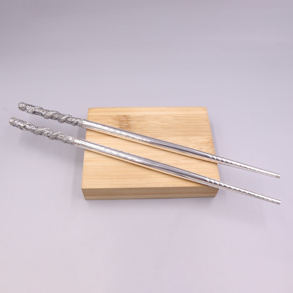 Solid S999 Fine Silver Dinnerware Carved Dragon Pattern Chopsticks 52-53g 7.8in
