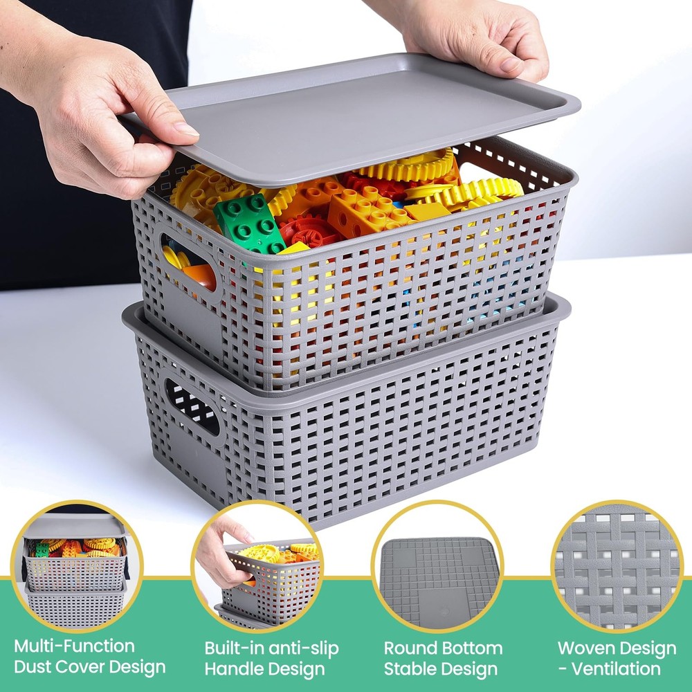 Ohmlove Plastic Storage Baskets with Lid - Stackable Containers Organizer Bins