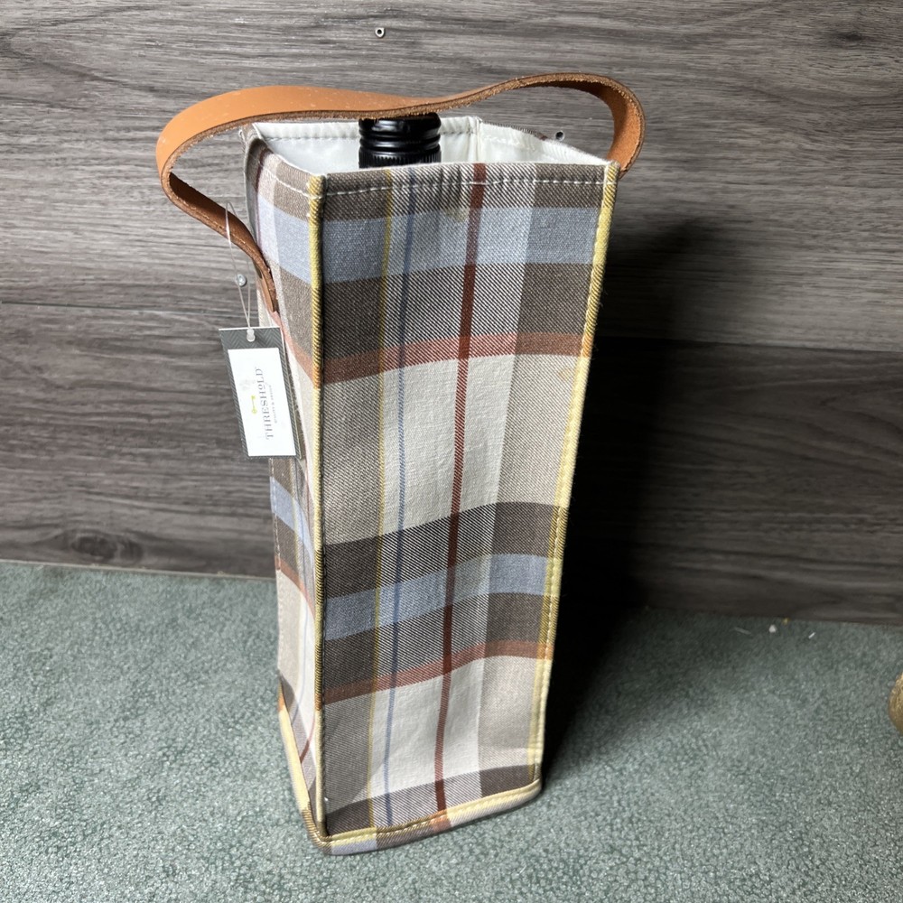 Threshold Plaid Canvas Wine Bag With Leather Handle Brown/White