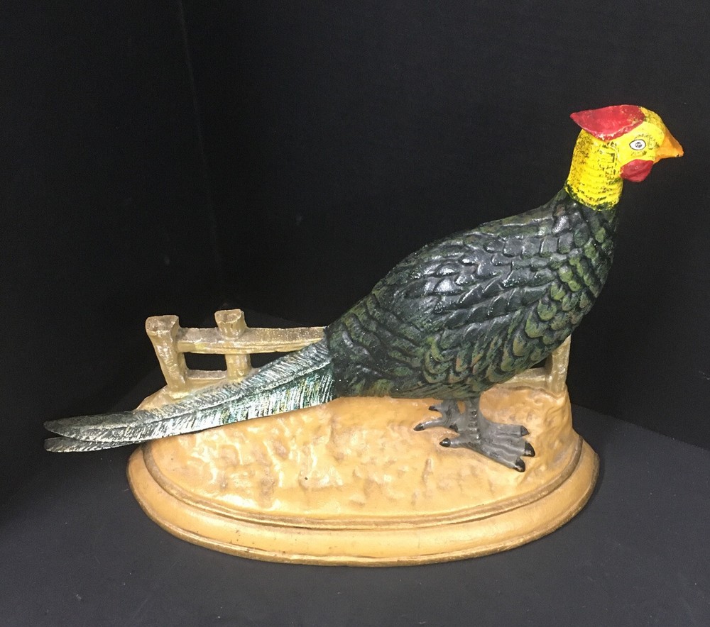VINTAGE CAST IRON Door Stop pheasant Hand Painted