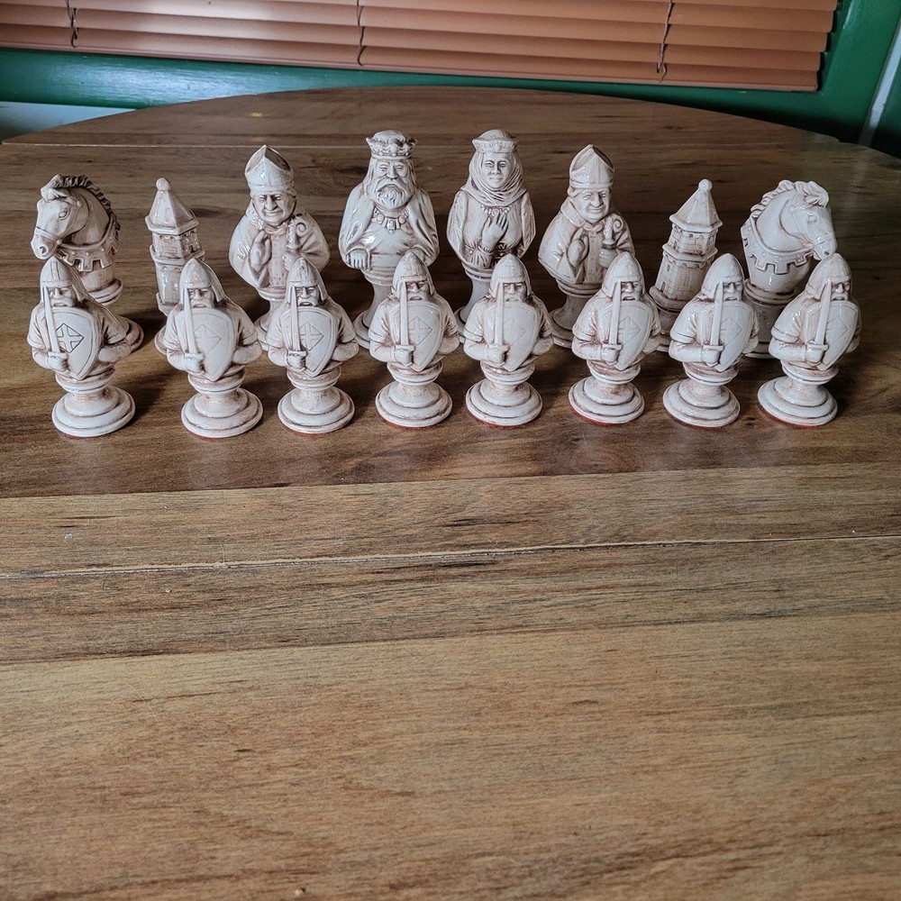 VINTAGE CERAMIC CHESS PIECES  ,  ONE COMPLETE SIDE  ,  MEDIEVAL THEMED