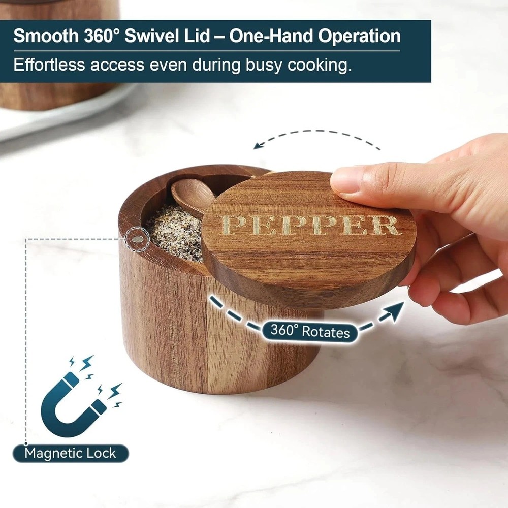 PEPPER Cellar, Acacia Wood Salt Container with Cellar