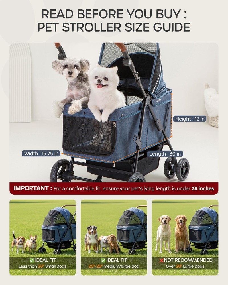 Large Dog Stroller for Two Small Pets, Heavy Duty, Foldable, Ventilated