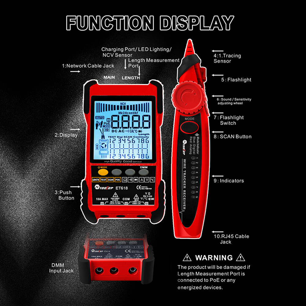 Multifunctional Network Cable Tester With LCD Display Multimeter Line Finder Red
