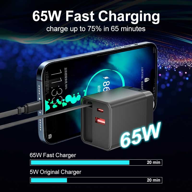 65W PD Home Charger Fast Type-C 2ft Retractable Cable USB-C for Tablets