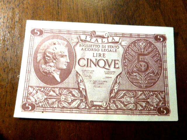 ITALY   5  Lire 1944      UNC