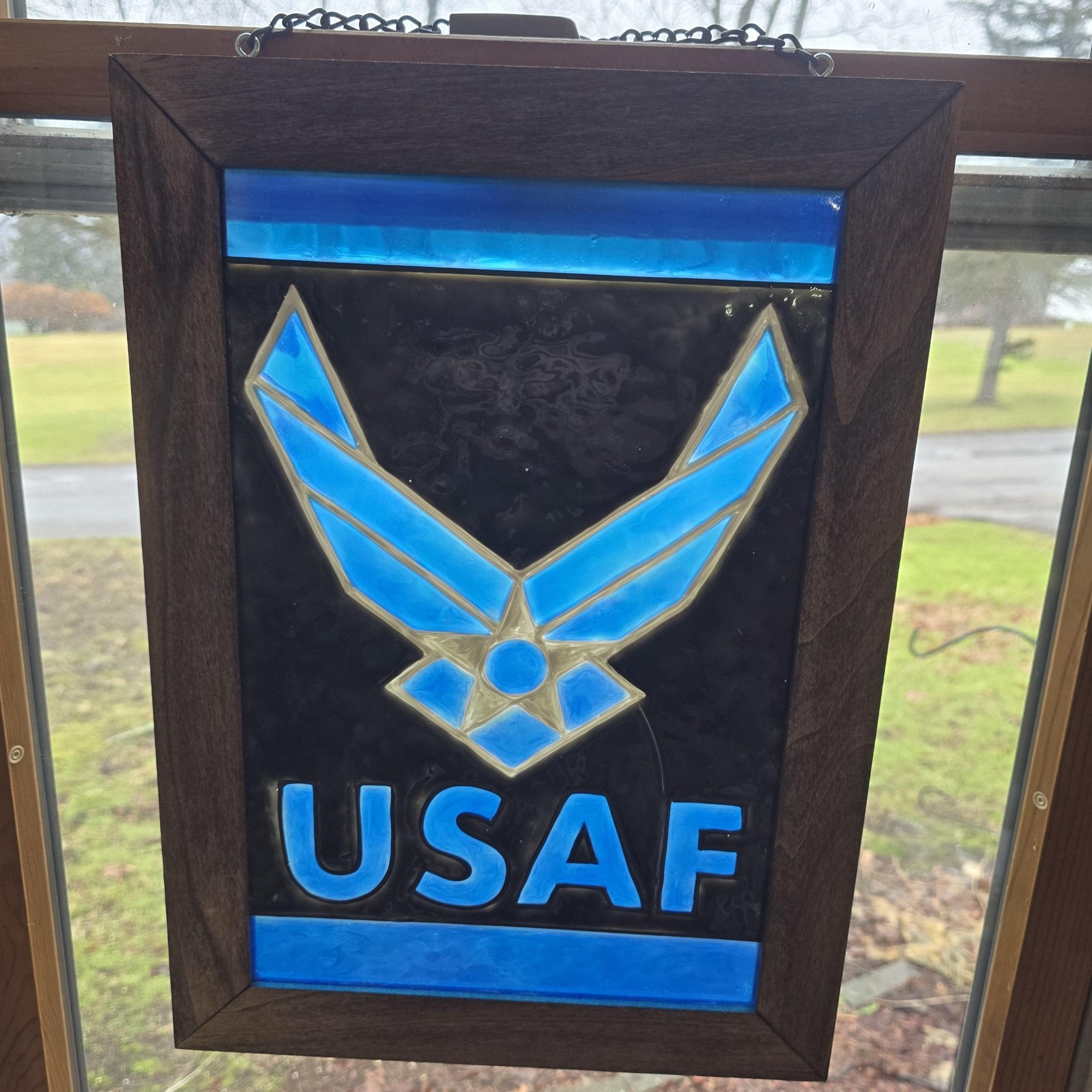 USAF Air Force Stained Glass Hanging Window Panel Wood Frame Blue Black Decor
