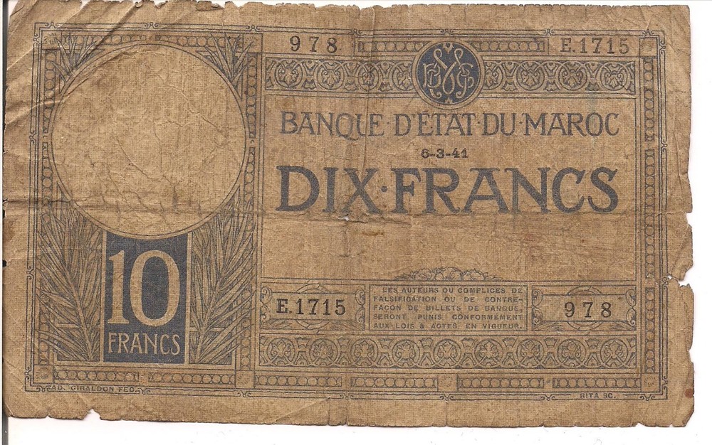 MOROCCO, 10 FRANCS, P#17b, 1941