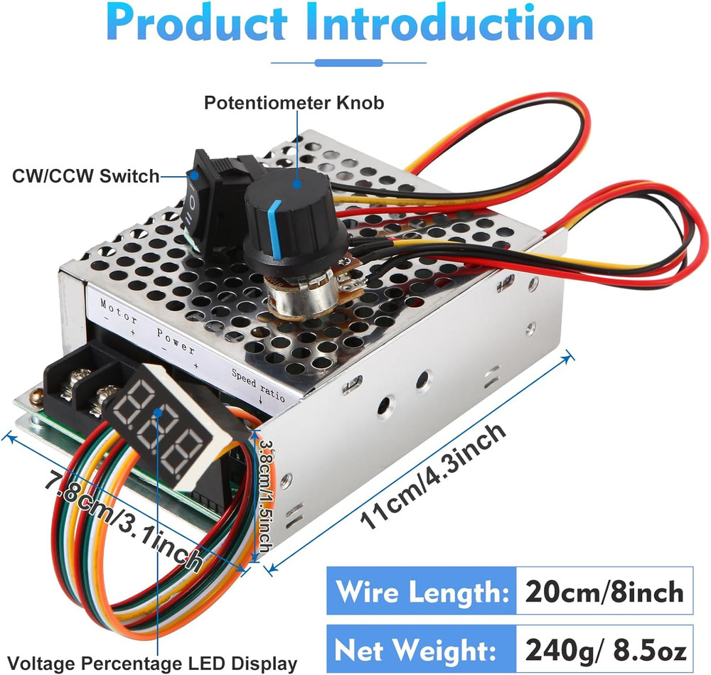 PWM DC Motor Speed Controller, DC 10-55V / Rated 40A / Max 60A, LED Display Step