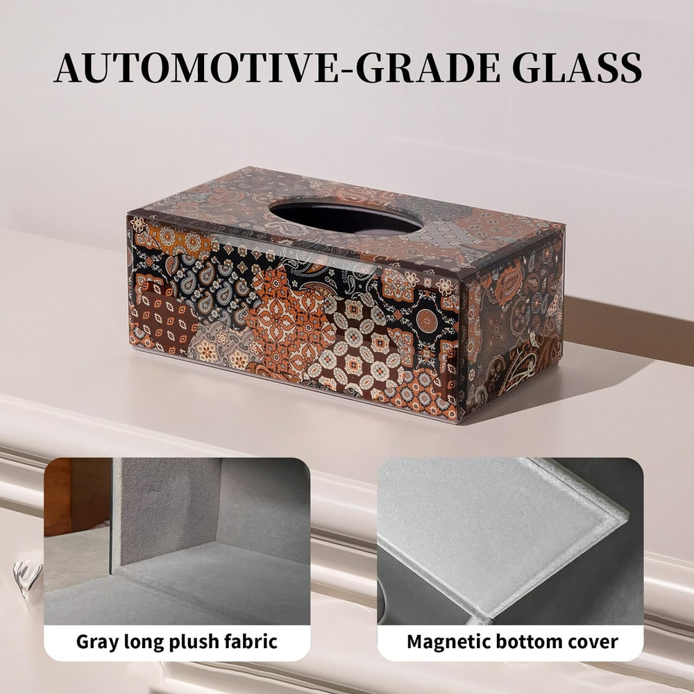 Glass Tissue Box Cover Rectangle-Patchwork Pattern (Brown) Decorative Tissue
