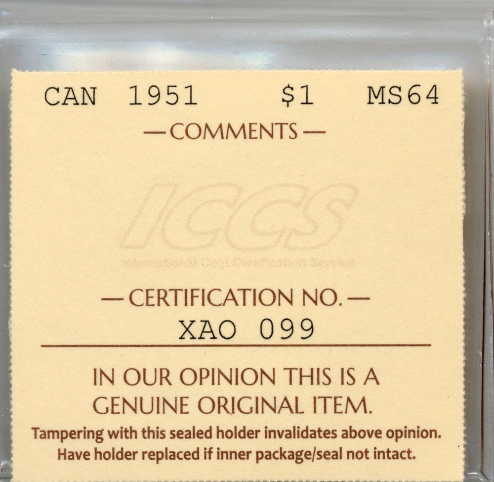 1951 Canada Silver Dollar - Choice Uncirculated, ICCS MS 64