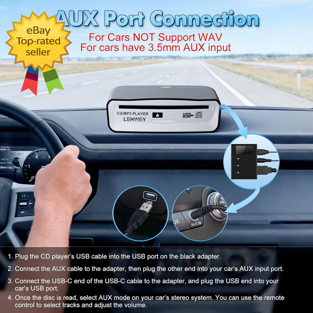 USB CD Player for Car External Car Cd Players with AUX & FM Transmitter