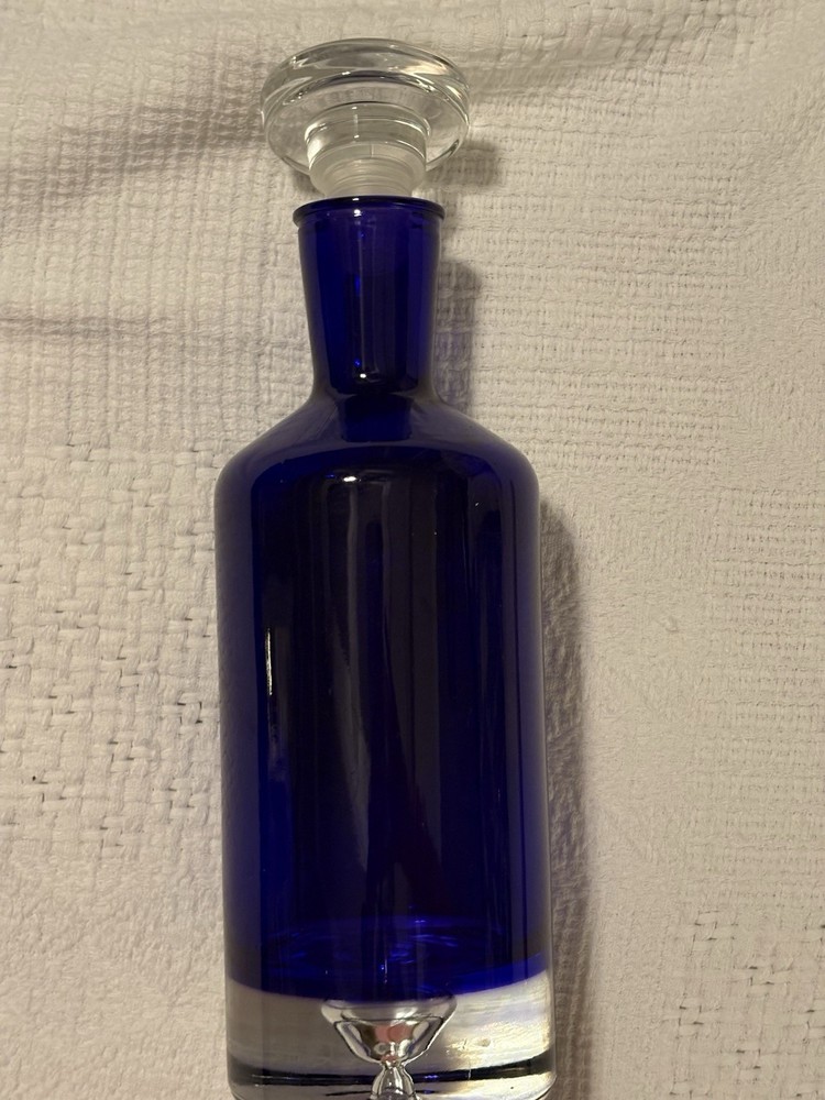 Cobalt Blue Glass Decanter Control Bubble On Bottom w/Stopper 11” Impressive