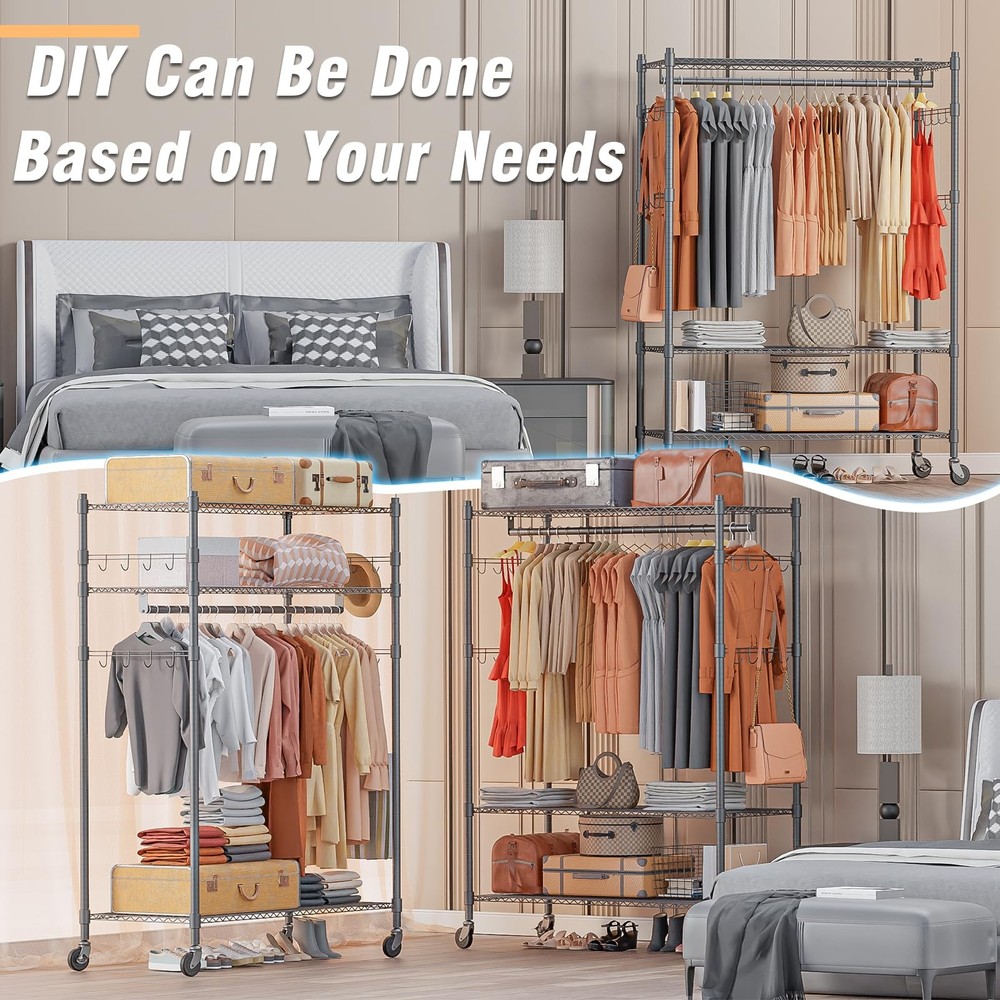 Heavy Duty Rolling Clothing Rack, Adjustable Garment Rack with 3 Tier Storage...