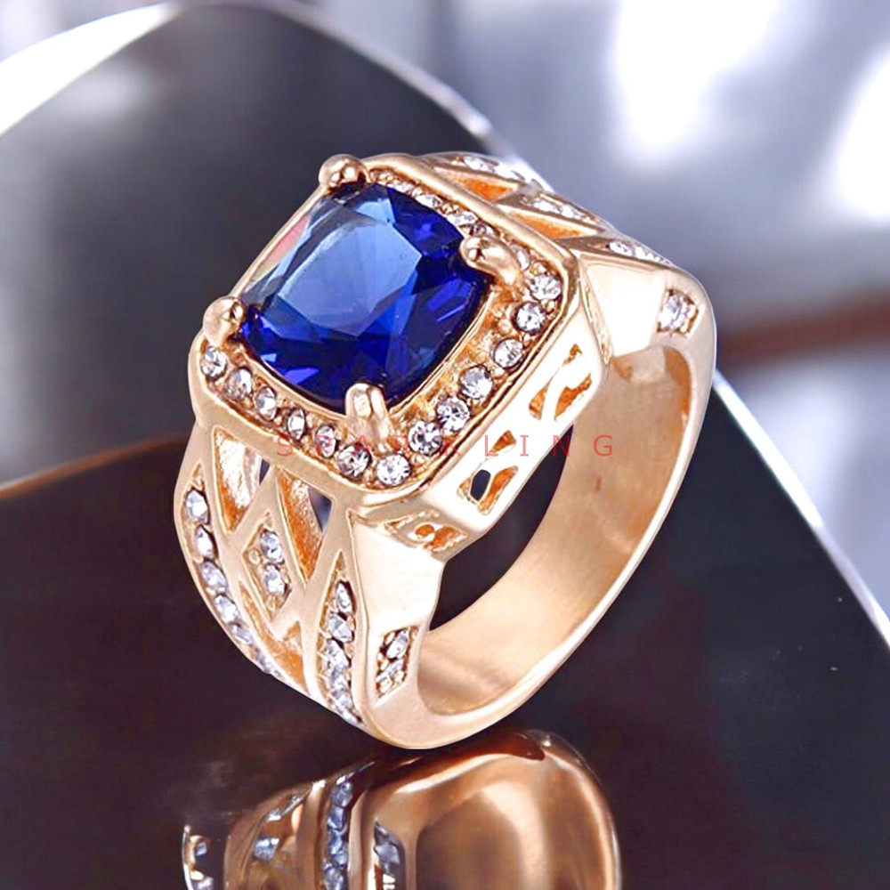 Blue Sapphire Cushion Cut With 14K Solid   Gold  Ring For Men#E475