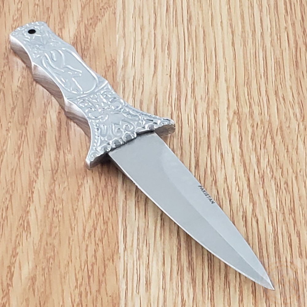 Boot Fixed Knife 3.25" Double Edge Stainless Blade Relief Cast Metal Handle