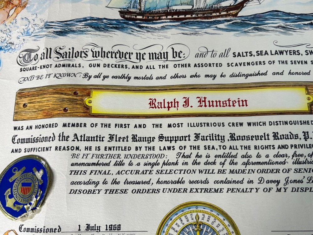 1968 USCG Atlantic Fleet Range Support Facility Plank Owner Certificate