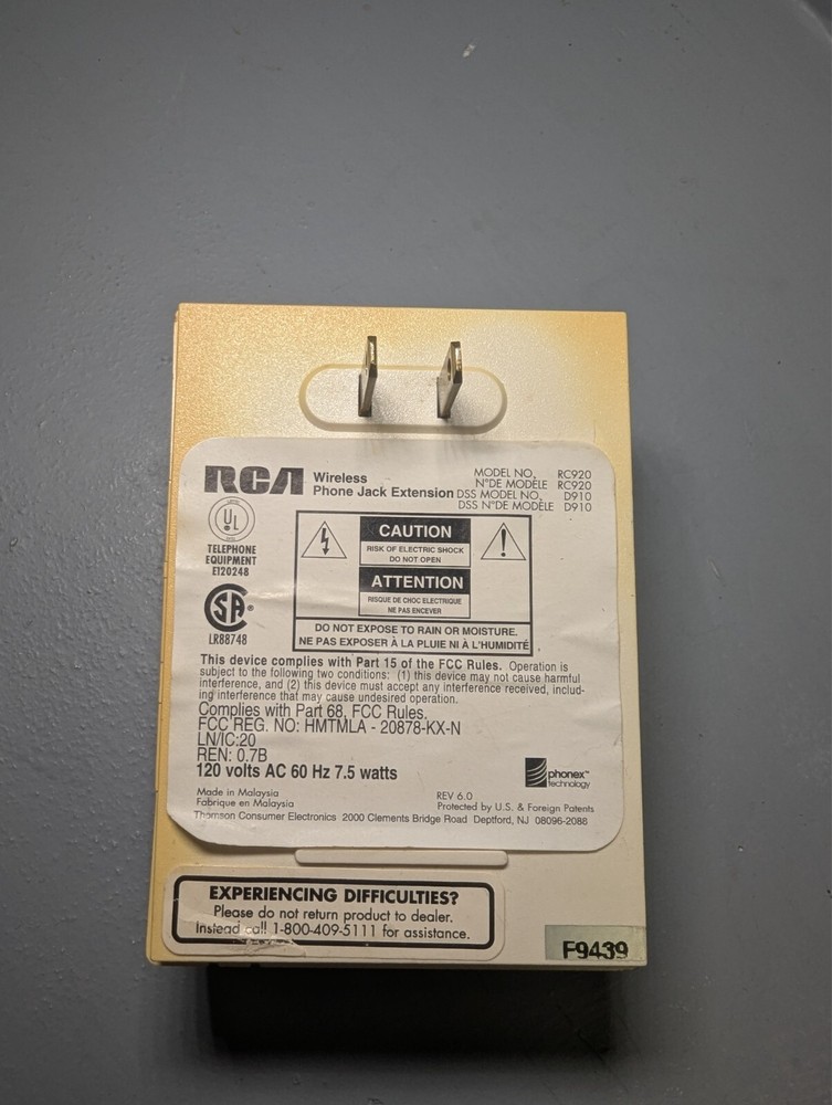 RCA Wireless Phone Jack System Extension Unit RC920