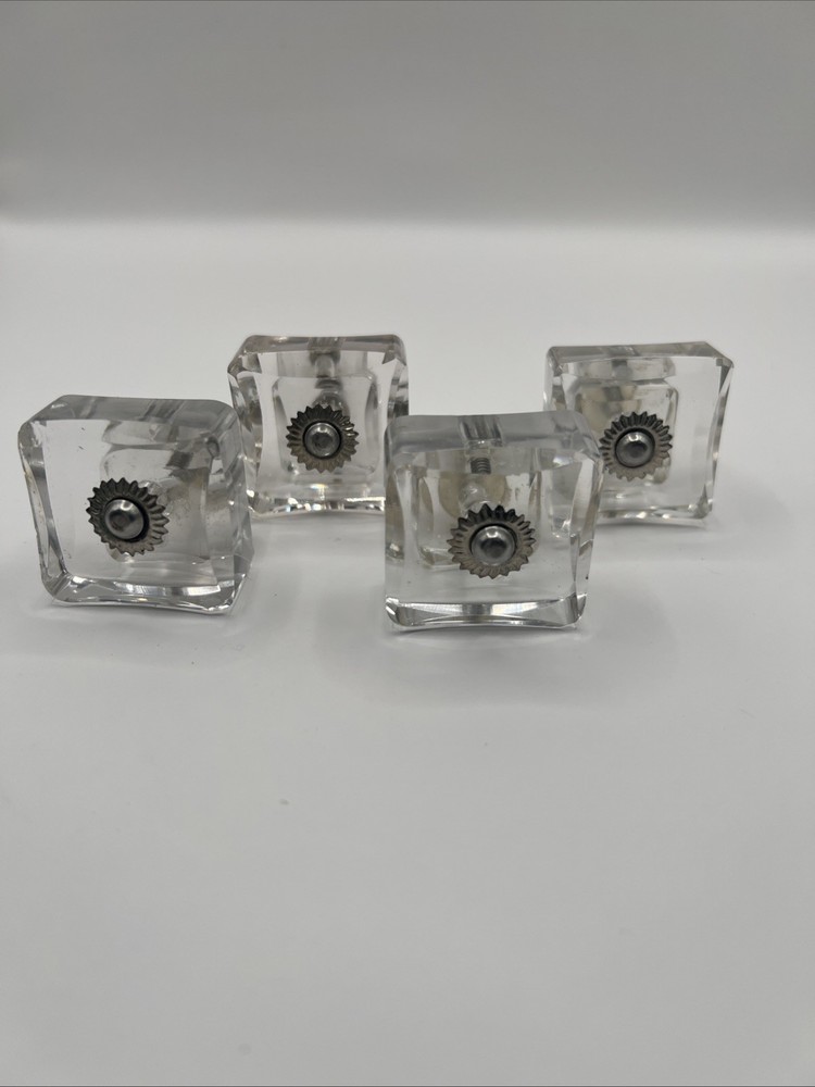 4 Clear Glass Cabinet Knobs Pulls Square Silver Flower 3”x 1.5” Read!