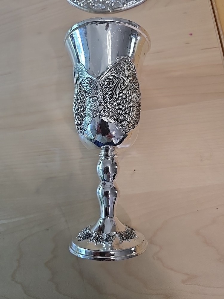 Imported Silver Plated Grape Design Kiddush Cup & Tray Set - Shabbat Essential
