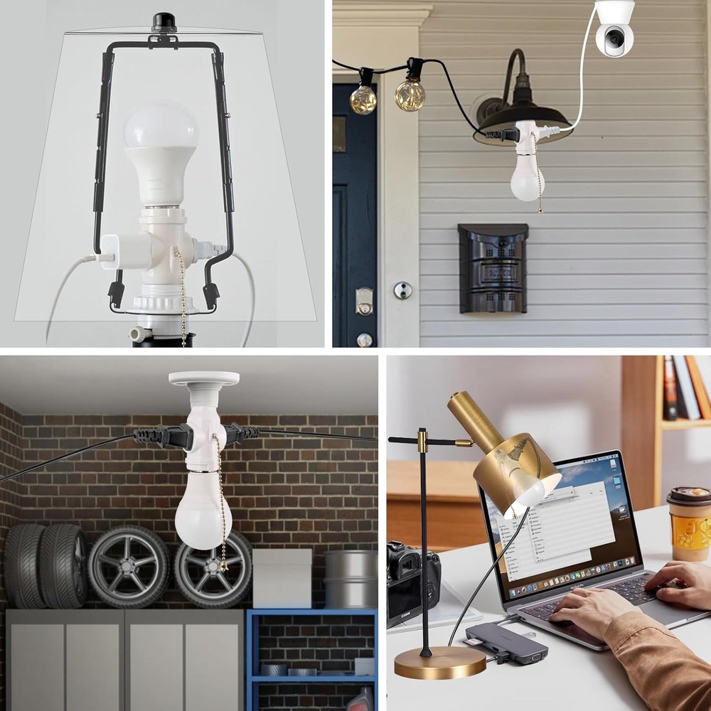 2 Outlet Light Socket Adapter with Pull Chain Switch White Medium Screw 2 Pack