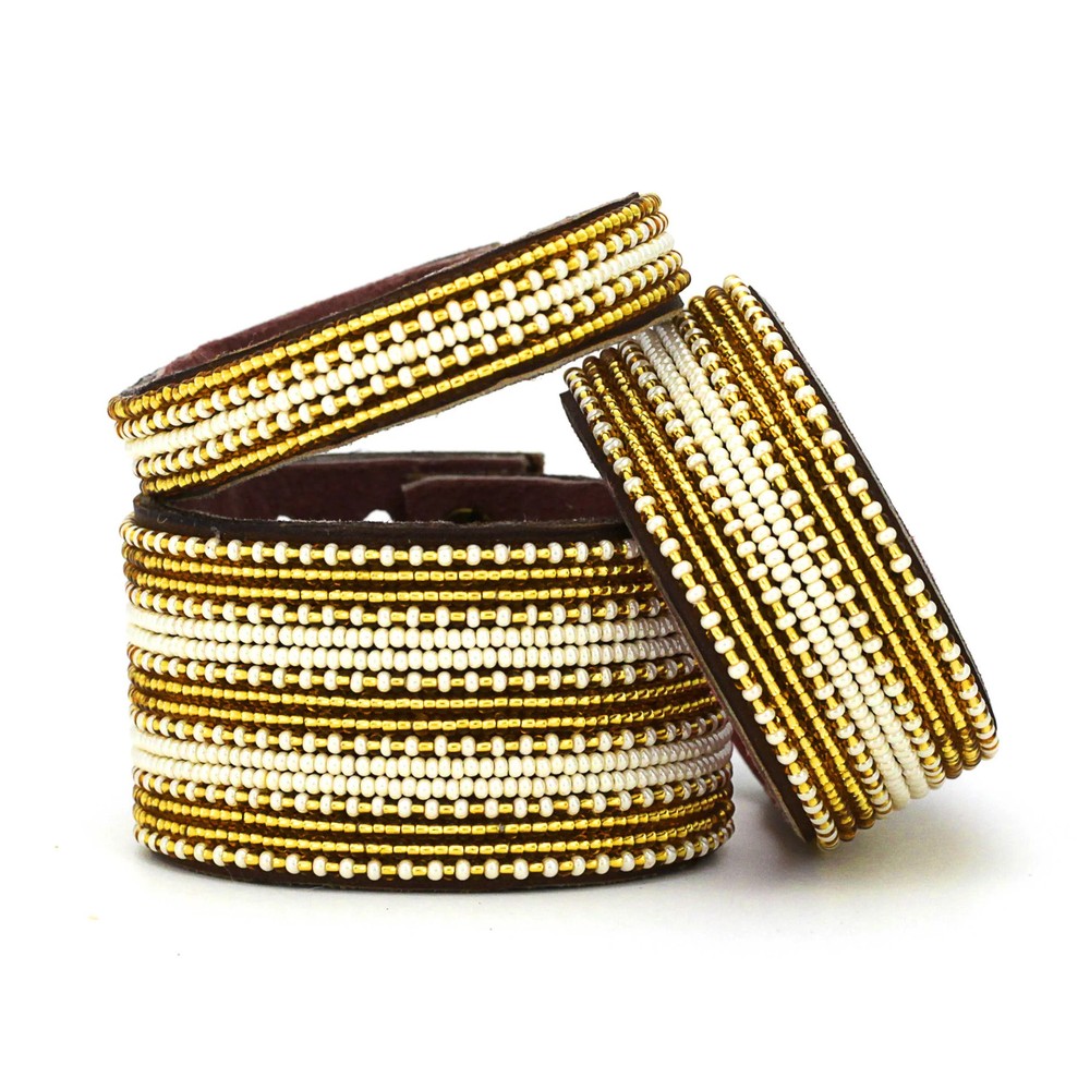 Small Gold and Pearl Stripe Leather Cuff