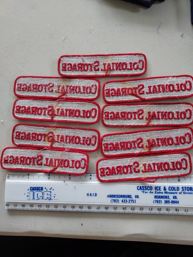 9 Vintage Embroidered COLONIAL STORAGE PATCH Patches