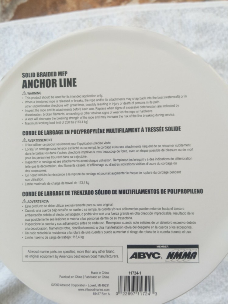 NEW Attwood 11724-1 3/8 x 100 Ft Solid Braid MFP Anchor Line with Thimble