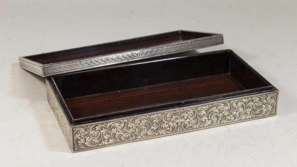 Etched 800 Silver Box with Scroll Design.