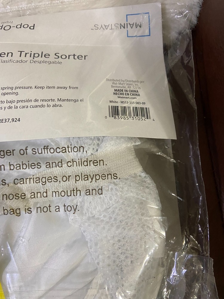 Mainstays White Polyester Mesh Pop-up Triple Sort Laundry Basket