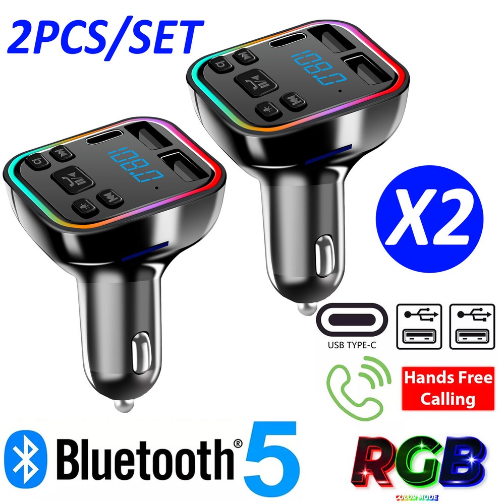 2pc Bluetooth5.0 Car Wireless FM Transmitter Adapter 2USB PD Charger Hands-Free