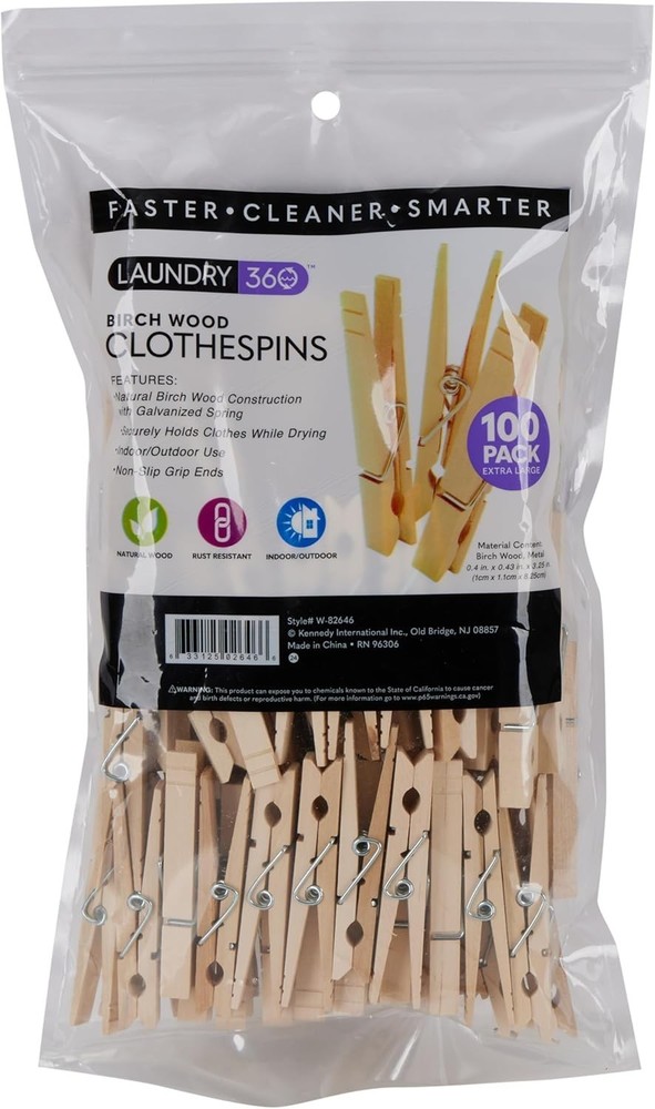 Extra Large Wooden 100 Pack Clothespins Natural