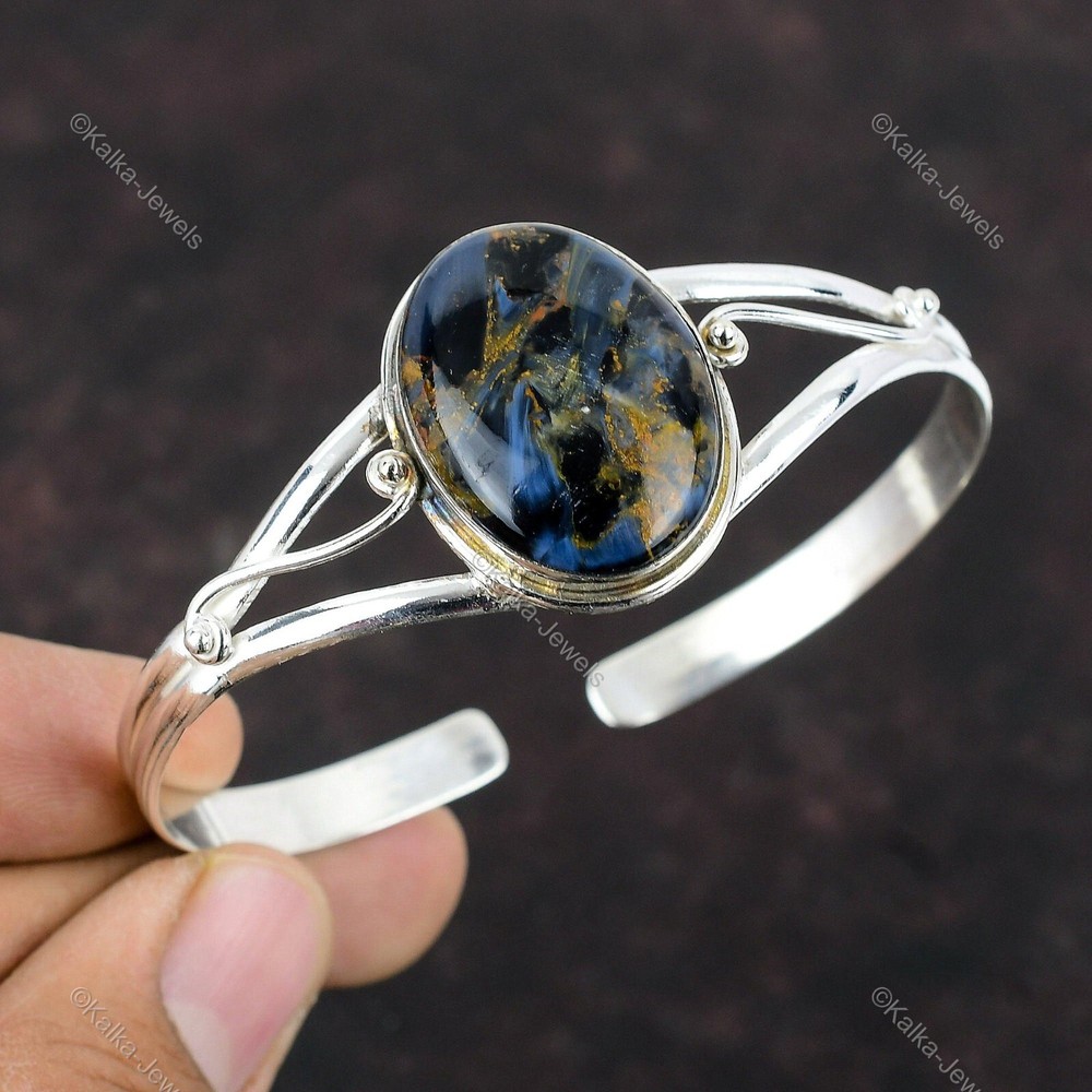 Gift For Her 925 Sterling Silver Natural Pietersite Gemstone Bangle Adjustable