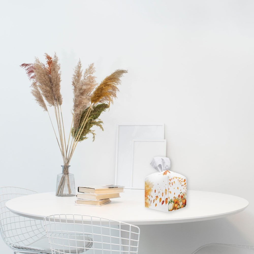 Fall Tissue Box Cover Square - Pumpkin & Fallen Leaves