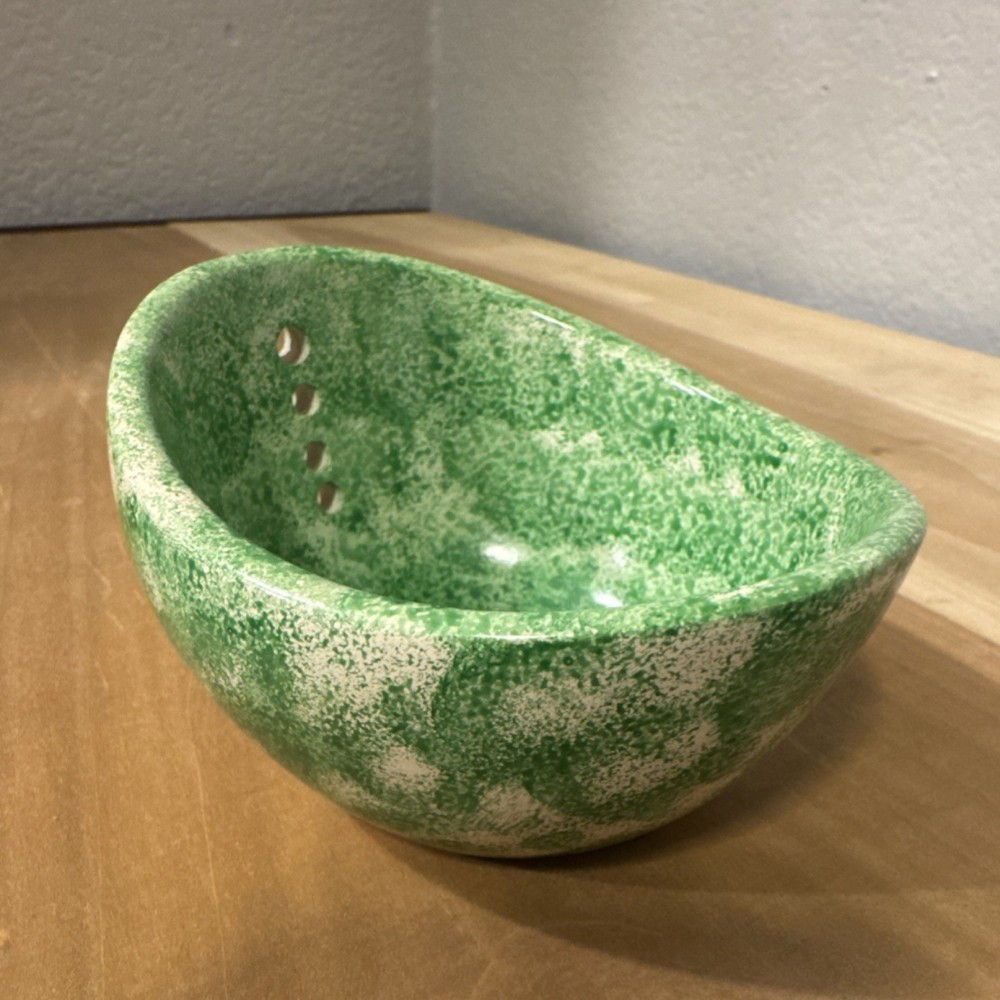 Small Green Speckled Oval Colander, Herb Stripper
