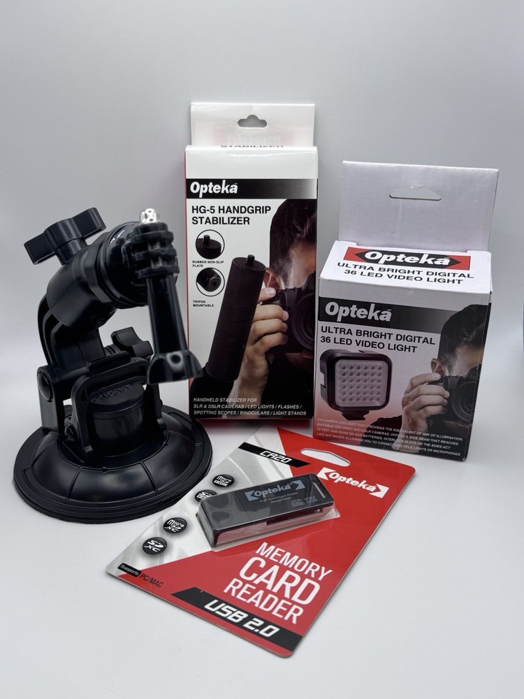 Opteka Camera Accessory Lot -LED Light , Suction Mount, Stabilizer, Card Reader