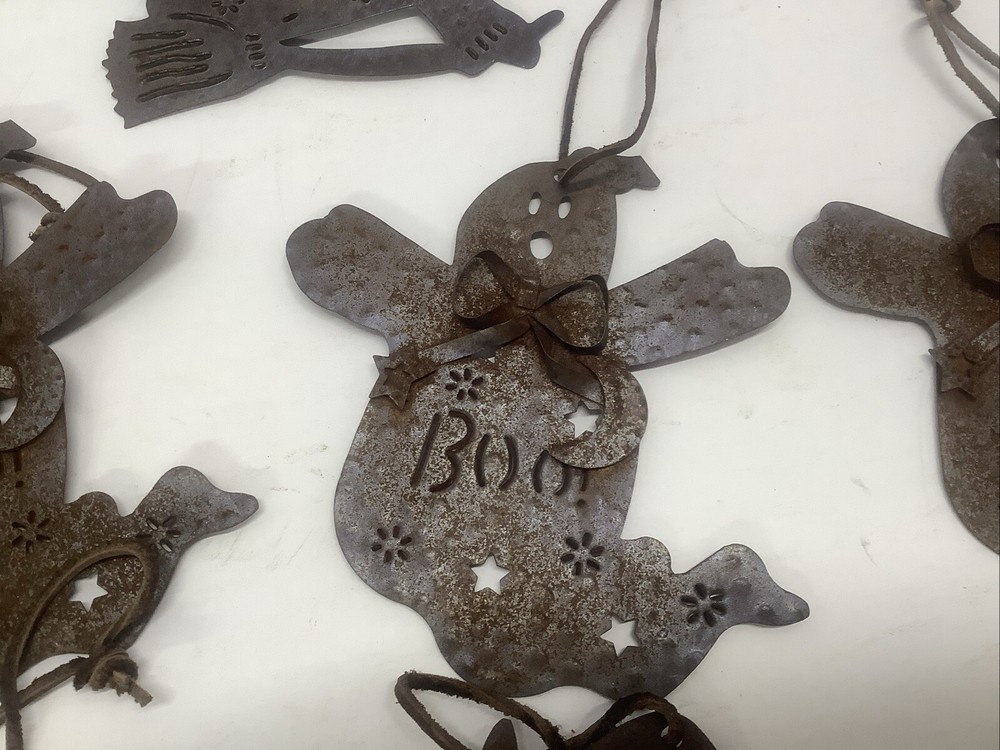 7 Rusty Tin Halloween Ornaments Ghosts Spiders Witch Primitive Rustic