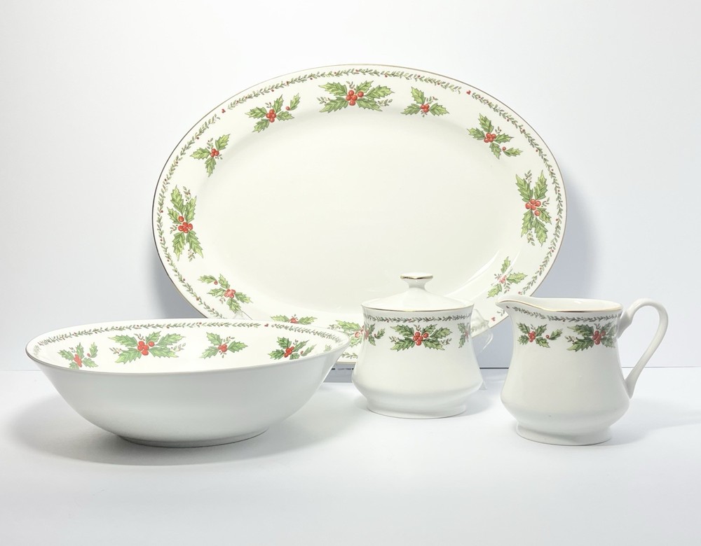 4-Piece Christmas “Holly” Porcelain Dinnerware Serving Hostess Set, Centurion